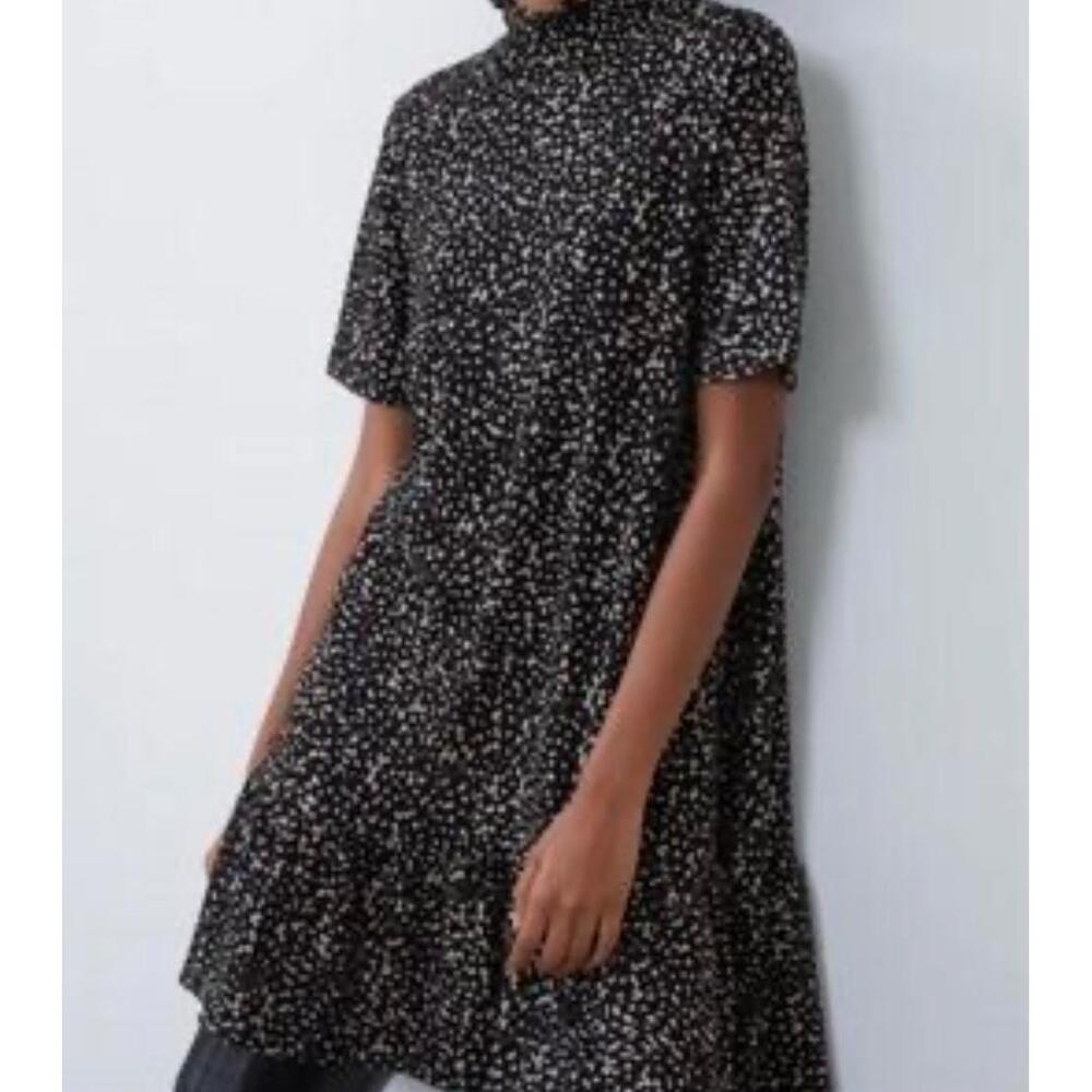 NWOT ZARA Mock‎ Neck Black and Tan Pattern Ruffle Bottom Stretchy Dress Small